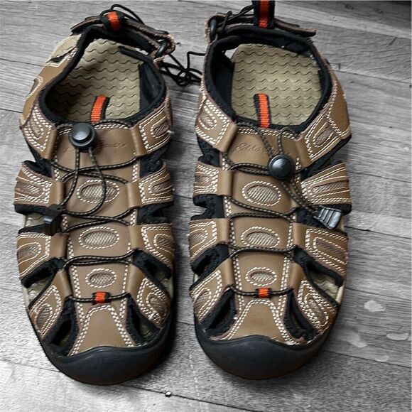 Eddie Bauer Tommy Leather Sandals Mens 9 Bump Toe Water Hiking Brown Nwot - Picture 1 of 7